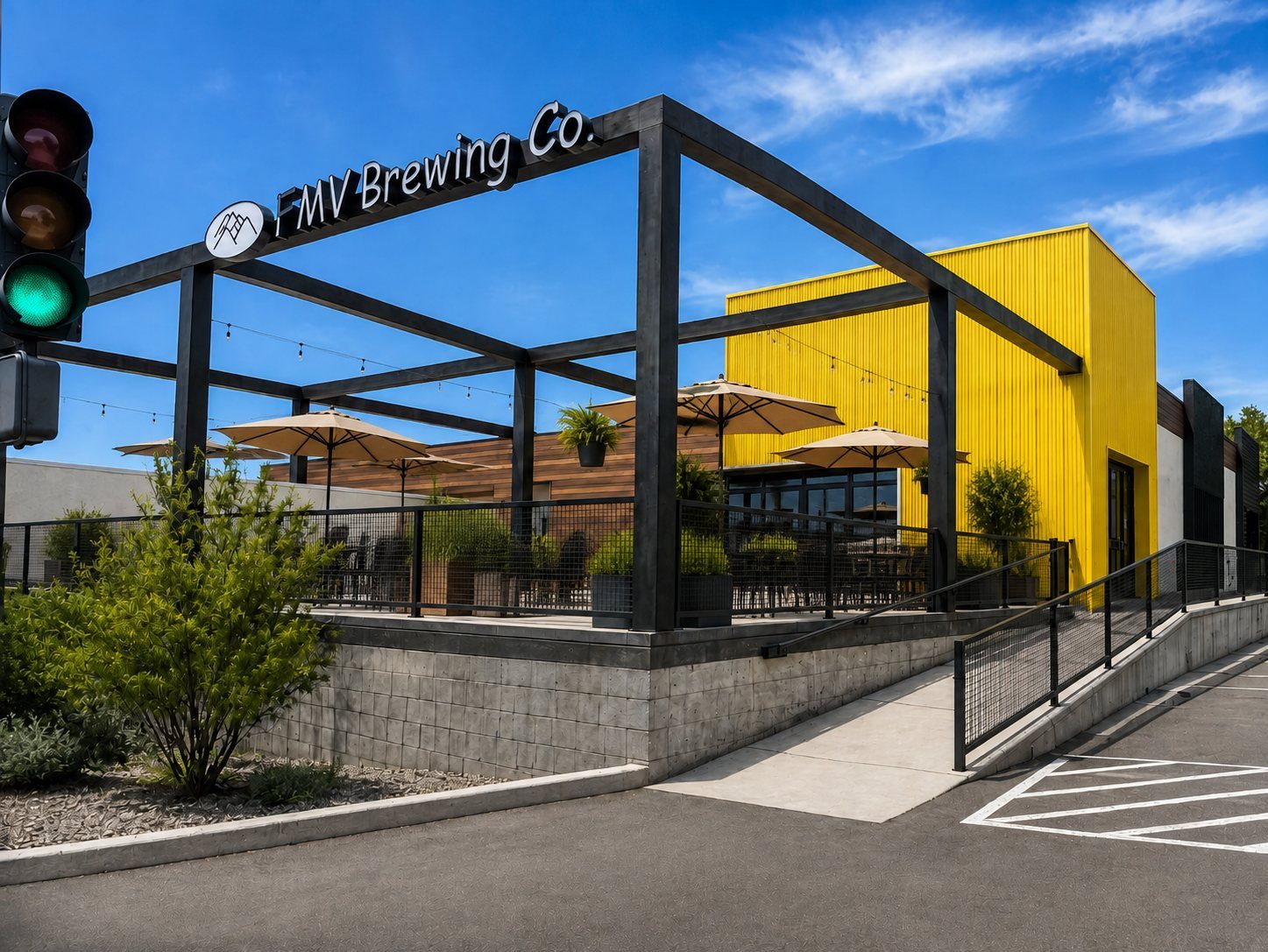FMV Brewing Co. signage on the pergola at the Yale Boulevard corner.
