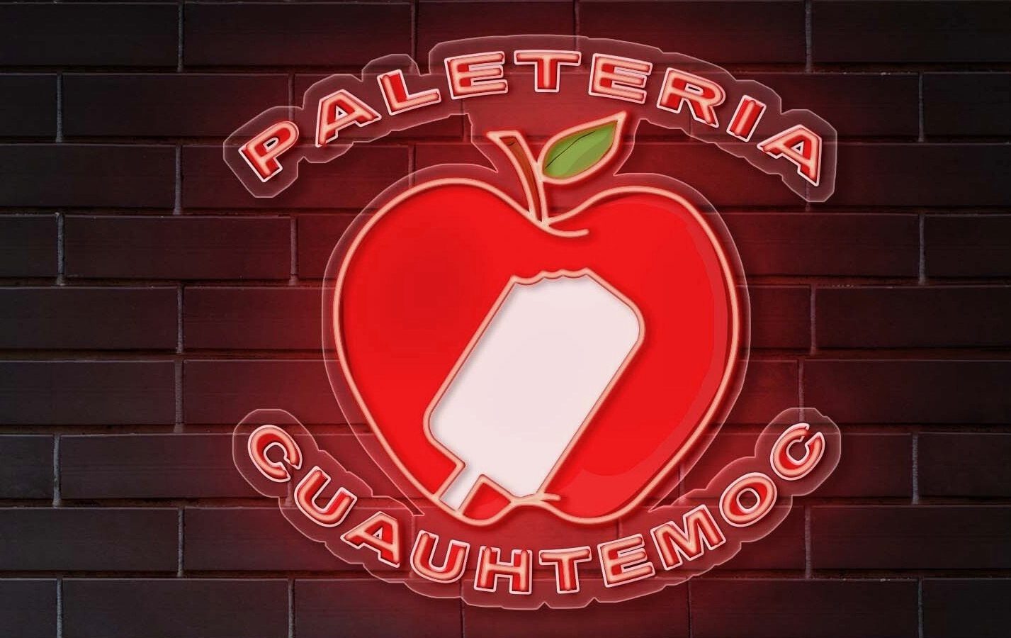 Paletería Cuauhtémoc neon sign — red apple with a paleta — brand artwork provided by Paletería Cuauhtémoc.