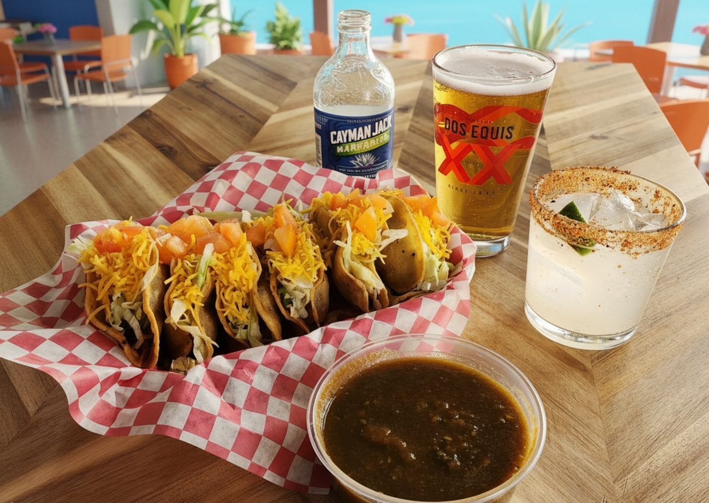 A basket of crispy tacos with cheese, lettuce and tomato, green chile salsa, a margarita and a cold beer at Perico's.