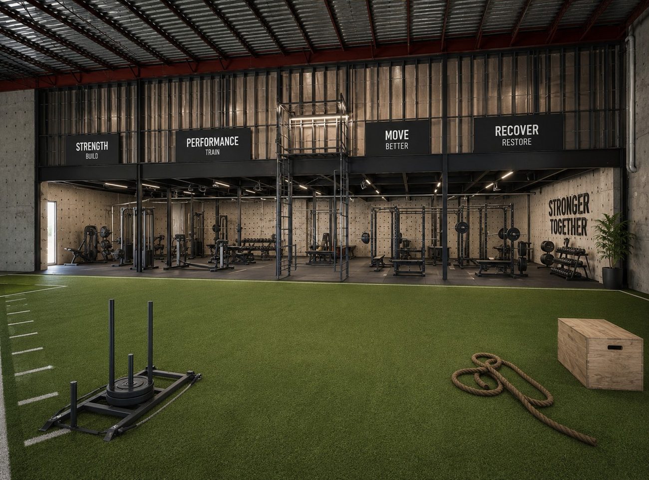 Conceptual rendering of a strength and performance gym with turf in Suite E.