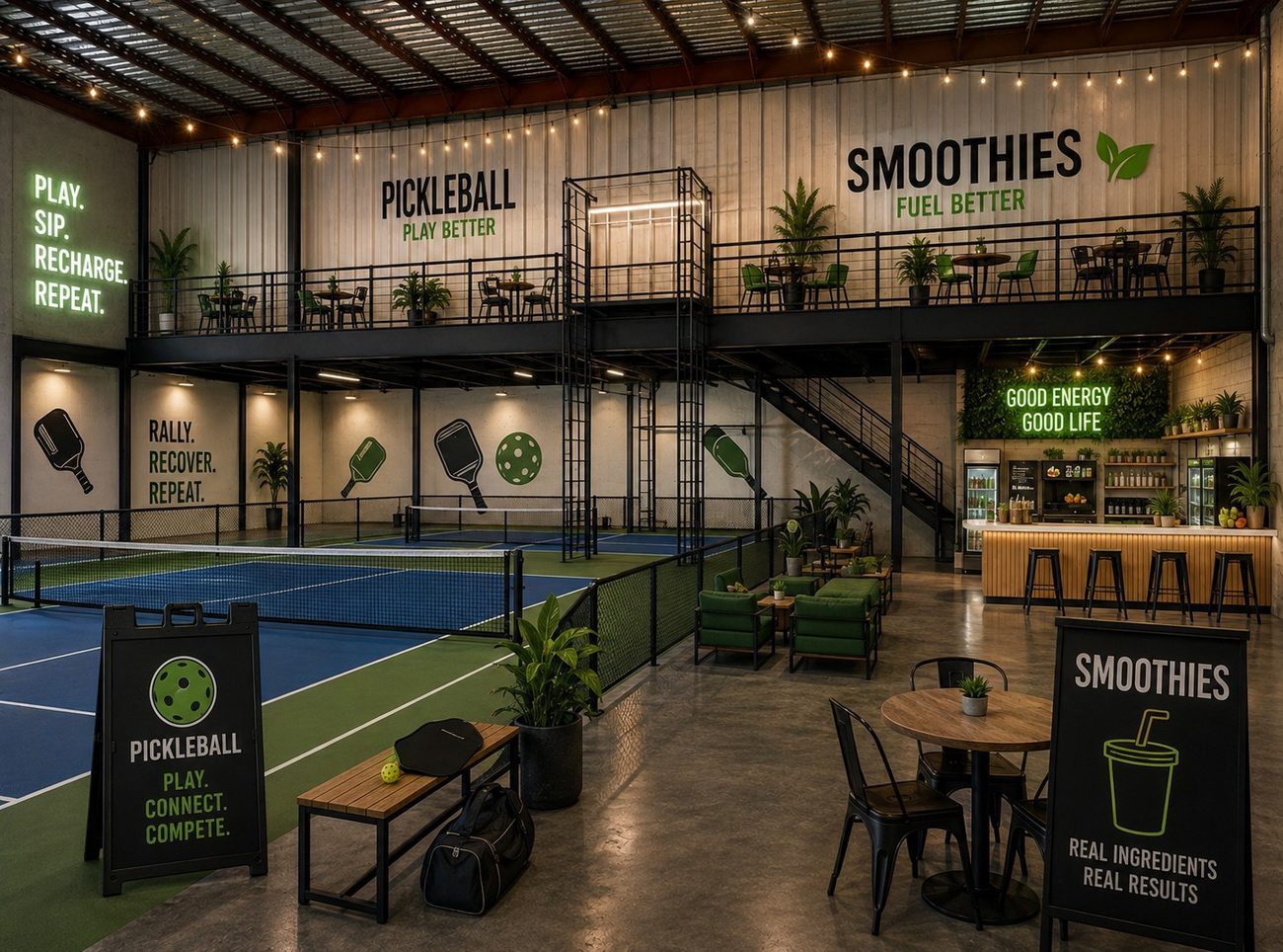 Conceptual rendering of indoor pickleball courts and a juice bar in Suite E.