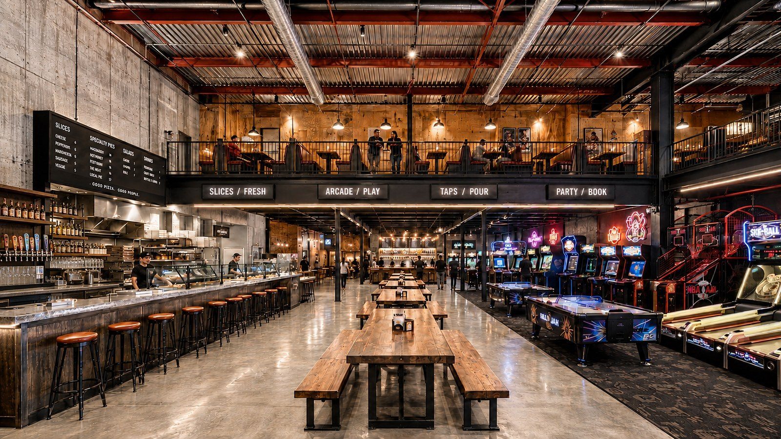 Conceptual rendering of a restaurant, arcade and taproom in Suite E and F.